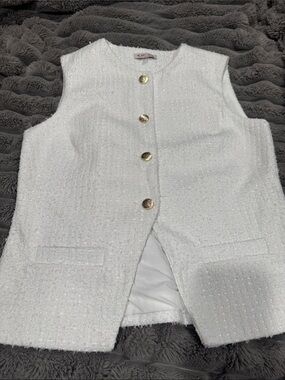 Nanette Lepore Sparkling White Tweed Buttoned Top with Gold Accent